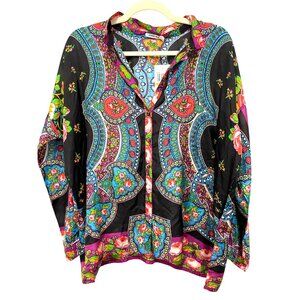 New Johnny Was Silk Boho Flowy Button Down Shirt Top Small